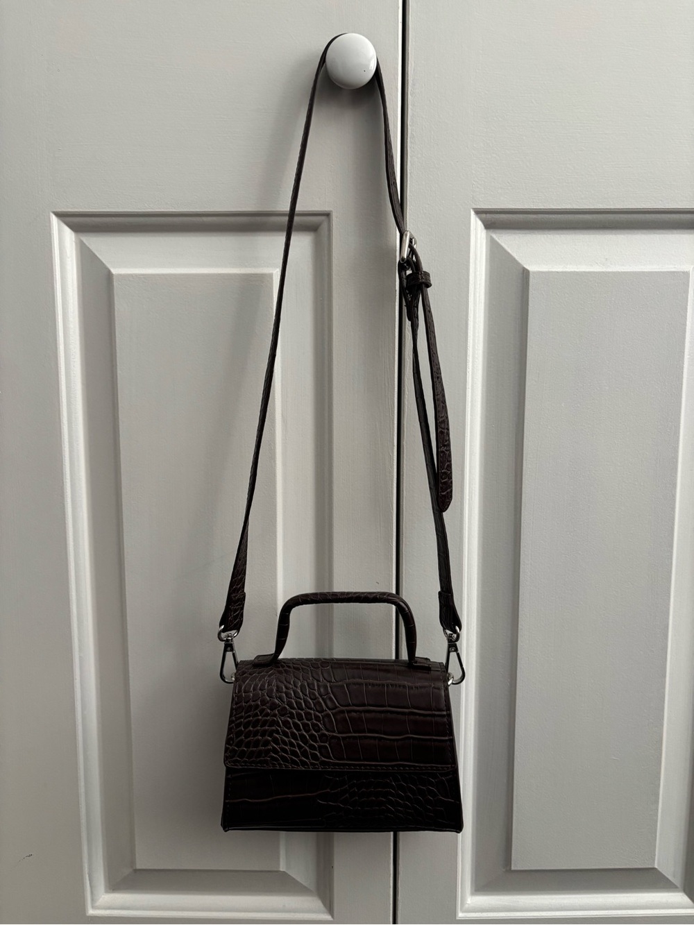 Zara Croc-Embossed Top-Handle Satchel in Dark Brown - Picture 2 of 9